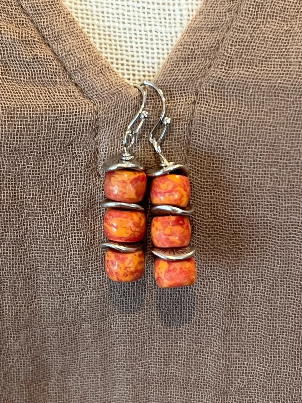 Stacked Orange Bead Drop Earrings for Women